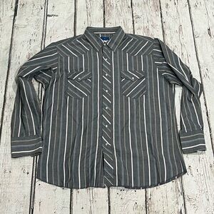 Vintage Gray Western Wrangler Striped Cowboy Pearl Snap Button Down Shirt